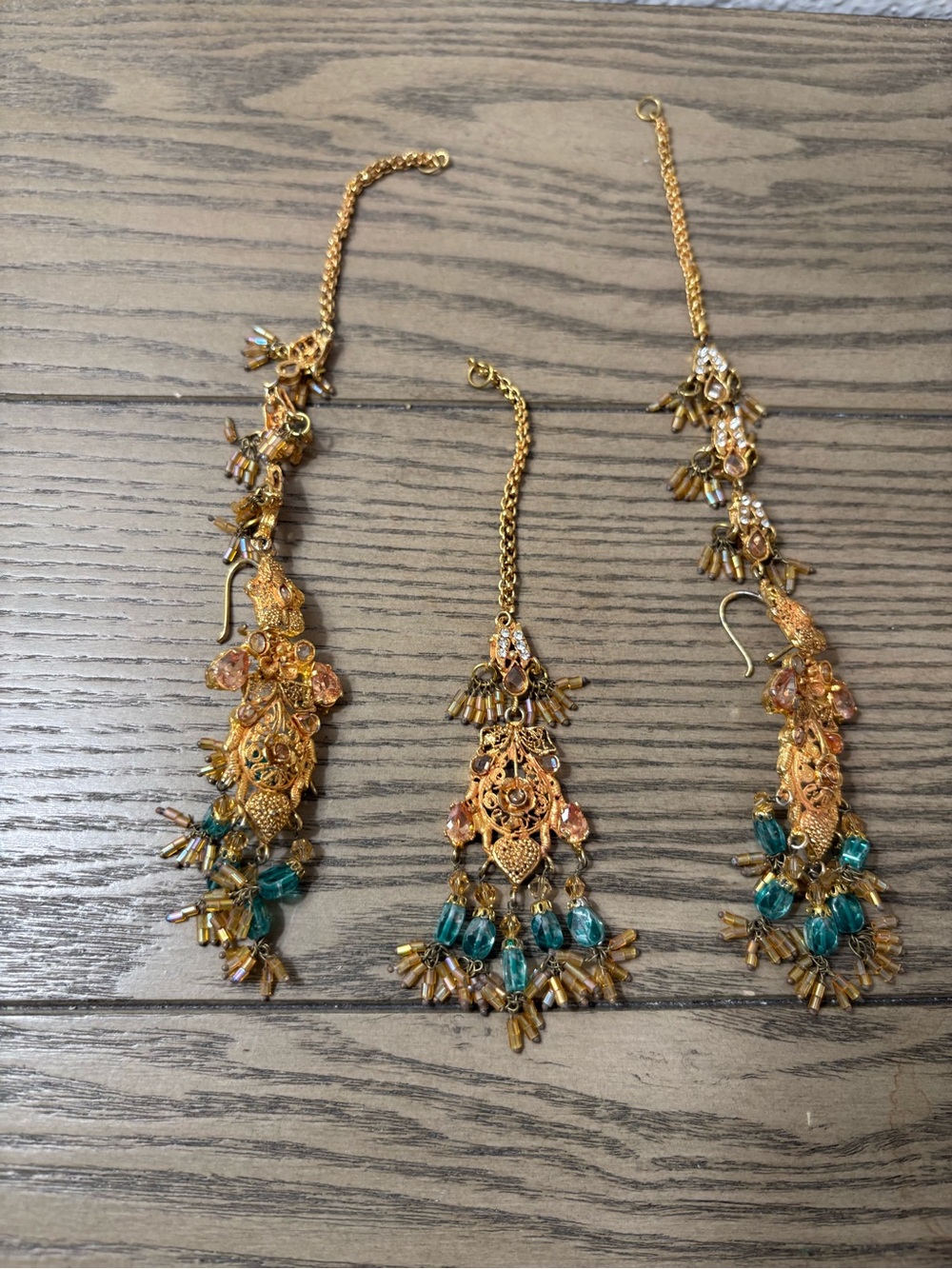 Gold-Tone Filigree Earrings with Teal and Peach Accents